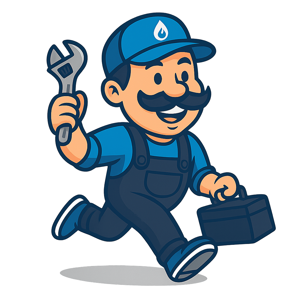 Illustration mascotte de PlombUp, services de plombier et chauffagiste souriant avec une clé et une boîte à outils