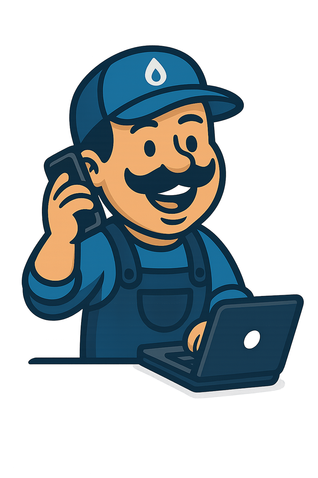 Mascotte Plomb'Up plombier chauffagiste répondant au téléphone et écrivant sur un ordinateur pour la page contact